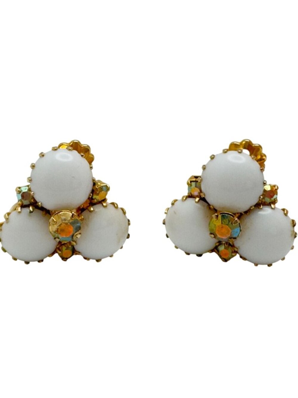Vtg Milk Glass Aurora Borealis Rhinestone Clip-On Earrings Gold-Tone Cluster